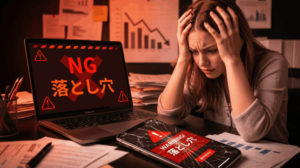 業務システムの障害を示す画像。ノートパソコンに「NG落とし込み」と警告表示、スマートフォンに「WARNING」表示が映される中、女性がストレスと悩みの表情で頭を抱えている。