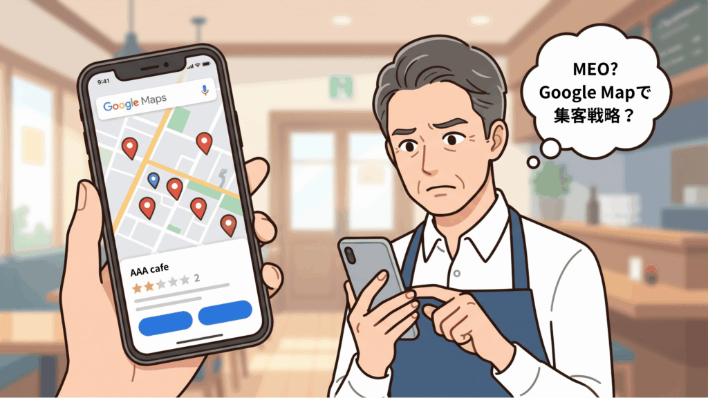 カフェの店主がGoogleマップのMEO対策と集客戦略について悩んでいるイラスト