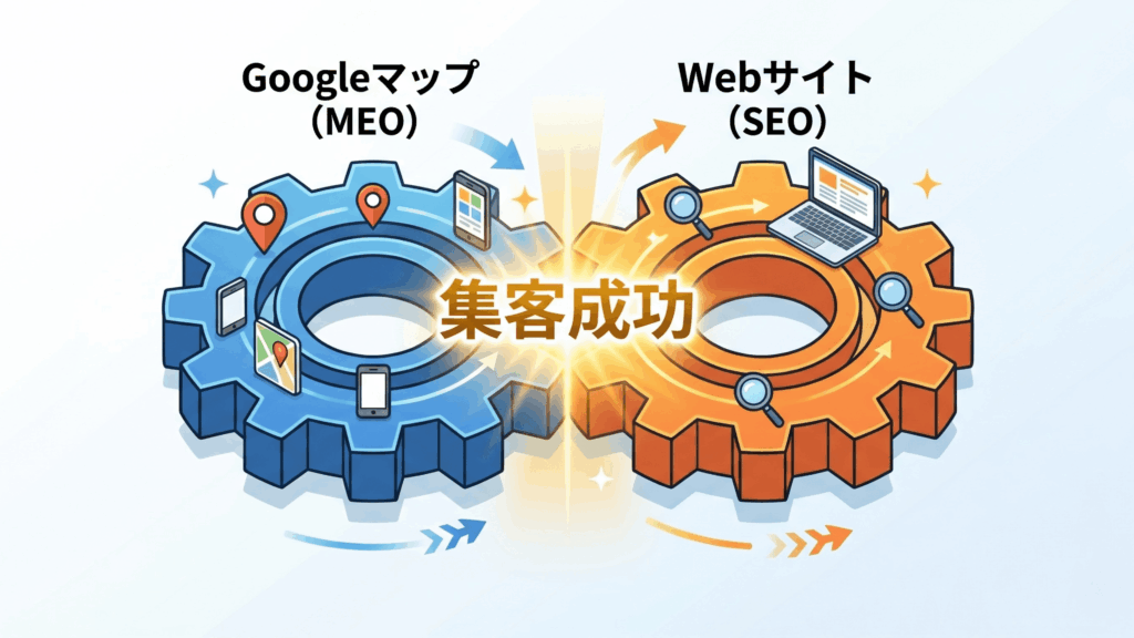 GoogleマップのMEOとWebサイトのSEOが歯車のように連携して集客成功につながることを示す図解