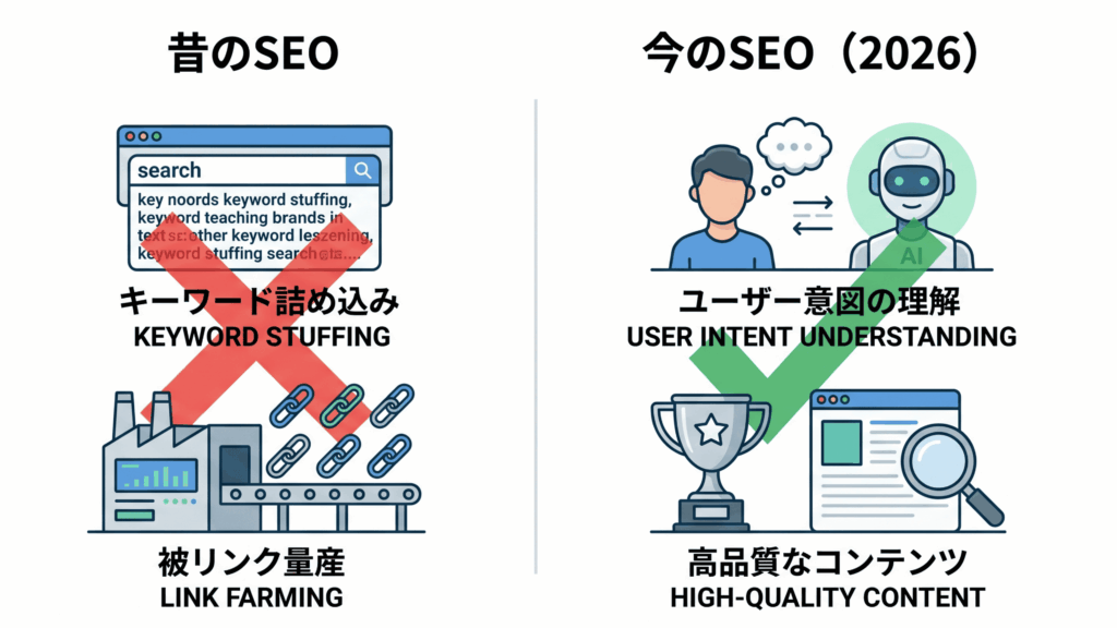 昔のSEO（キーワード詰め込み、被リンク量産）と今のSEO（2026年、ユーザー意図理解、AI対話、高品質なコンテンツ）の比較図